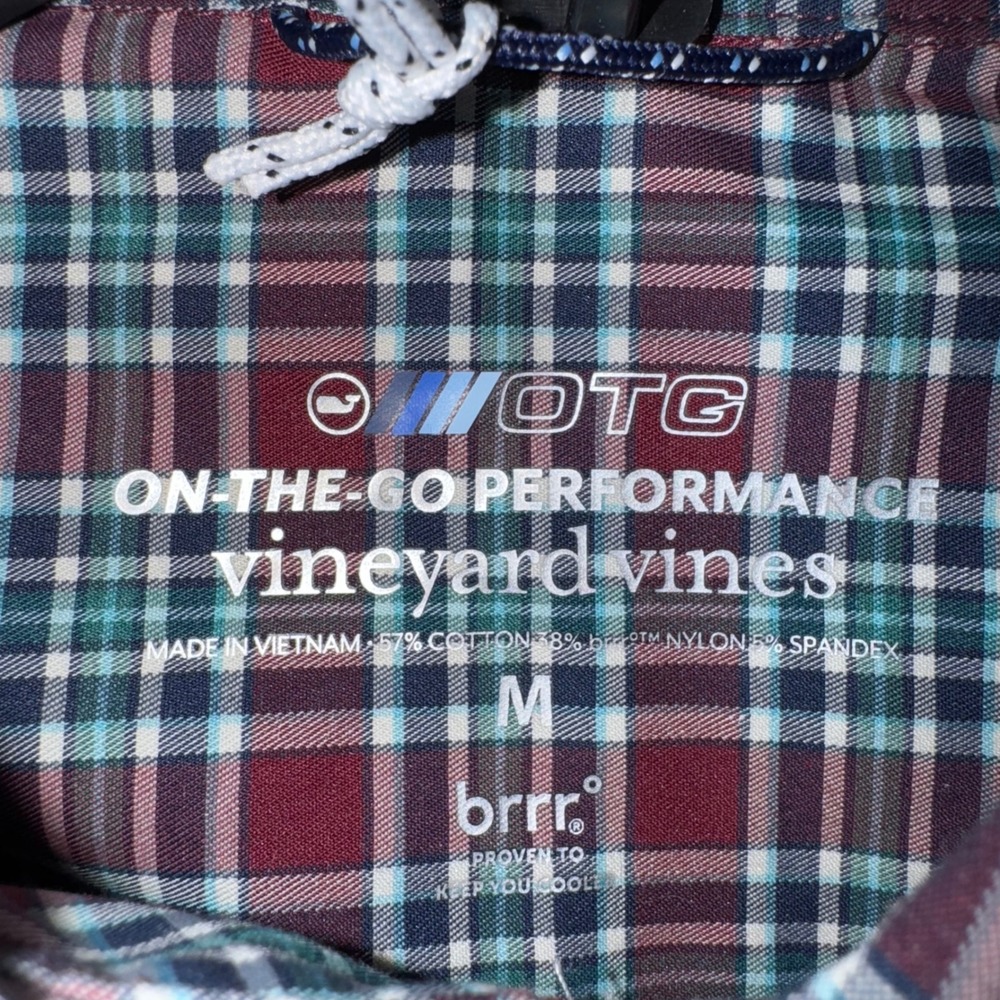 Vineyard Vines OTG Performance Shirt Mens Medium Plaid brrr Cooling Burgundy NEW - Picture 4 of 8